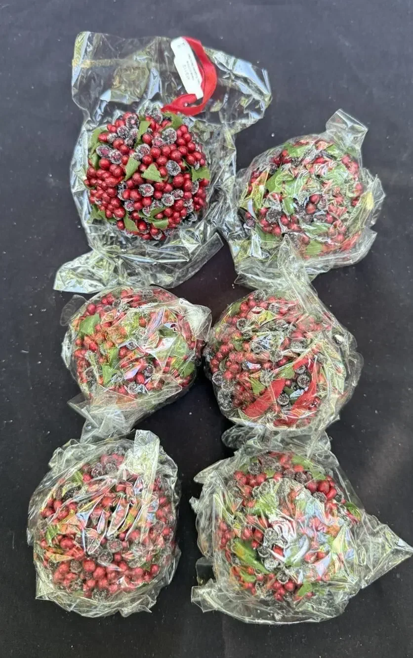6 CRATE & BARREL Christmas Ornament Red Sugared Berry Ball New Tag 412-112 -46D